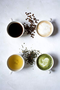 A variety of coffee on a white table