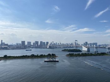 View of city at waterfront against cloudy sky