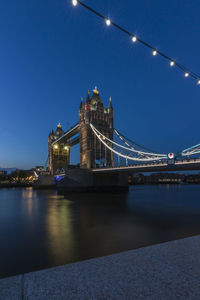 Illuminated bridge over river against sky in city