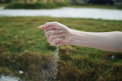 Cropped hand of woman holding sand