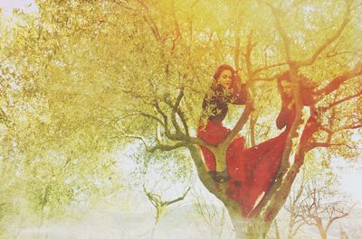 Woman standing on tree trunk