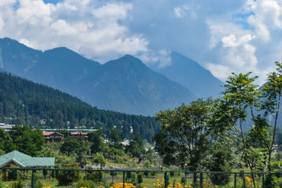 Scenic view of trees and mountains against sky