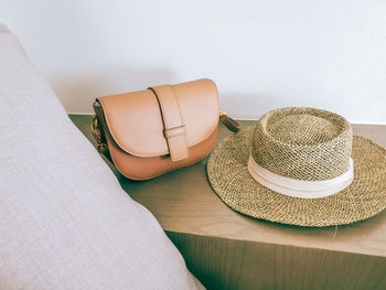 High angle view of hat on table