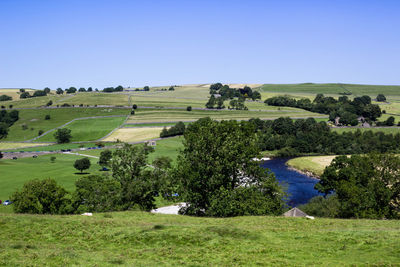 Scenic view of golf course against clear blue sky