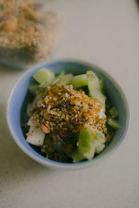 High angle view of food in bowl on table