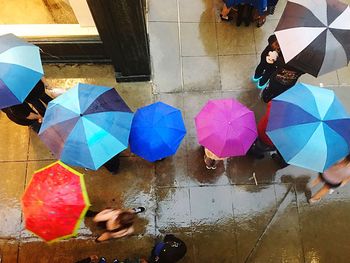 Low section of woman with umbrella in rain