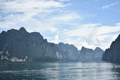 Panoramic view of sea and mountains against sky