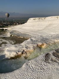 Scenic view of salt terraces landscape against sky in pamukkale turkey 