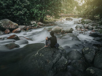 Rear view of man sitting on rock by stream at forest