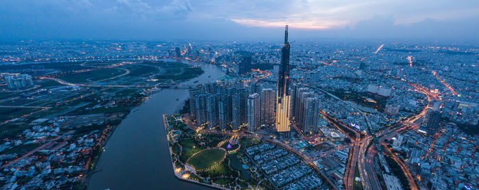 High angle view of city buildings against sky