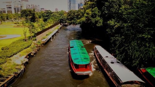 High angle view of boats moored in river