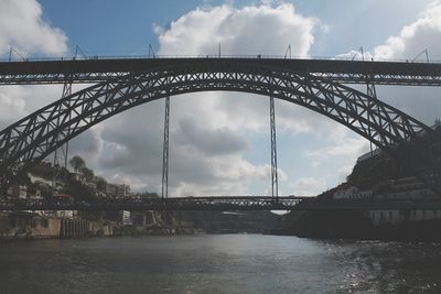 Low angle view of bridge over river against sky in city