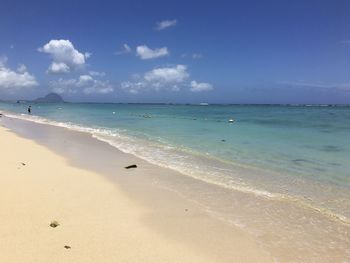 Scenic view of beach against blue sky