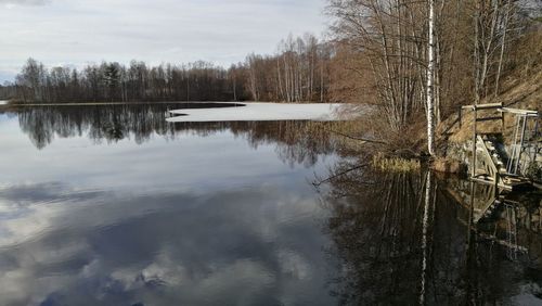 Reflection of trees in lake against sky