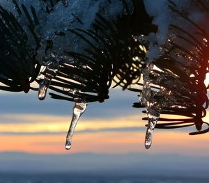 Close-up of icicles hanging from metal against sky