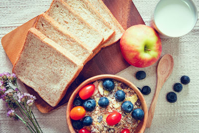 High angle view of breakfast served on table