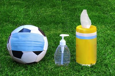 High angle view of soccer ball on field