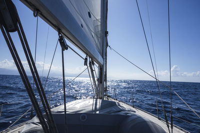 Cropped image of sailboat sailing on sea against sky