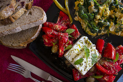 High angle view of meal served on table