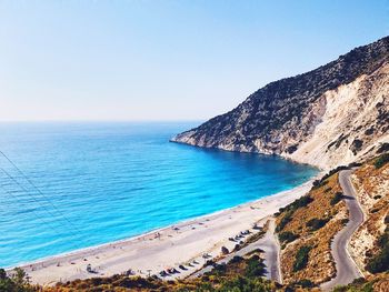 Scenic view of sea against clear blue sky