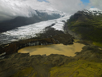 Aerial view of muddy glacier lagoon in south iceland