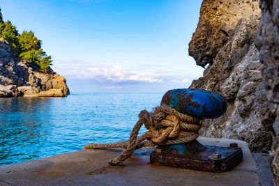 Panoramic view of rocks and anchor against sky