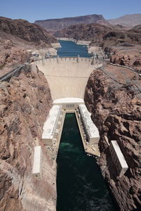 Wide angle view of hoover dam looking from the bypass bridge