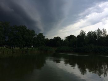 Scenic view of lake against cloudy sky