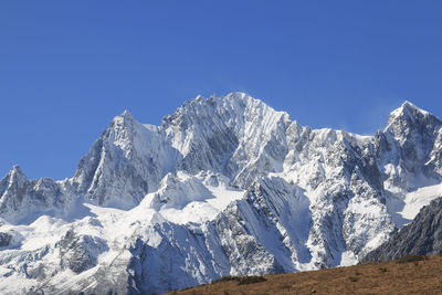 Low angle view of snow mountains against clear blue sky