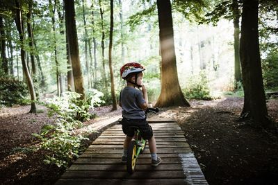 Boy riding bicycle on boardwalk amidst trees