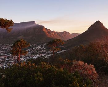 Scenic view of mountains against sky during sunset