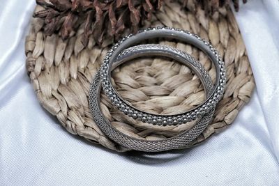 High angle view of wicker basket on table