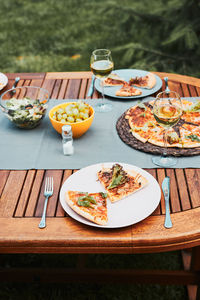 High angle view of breakfast served on table