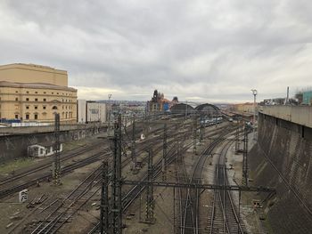 High angle view of train in city against sky