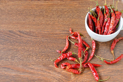 High angle view of red chili peppers on table