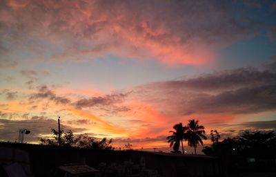 Silhouette palm trees and buildings against sky during sunset