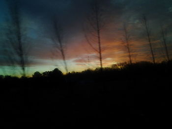 Silhouette trees in forest against sky at sunset