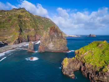 Aerial drone view of janela islets in porto moniz in madeira