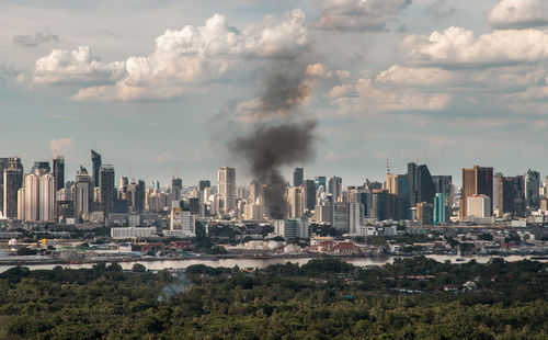 Panoramic view of buildings in city against sky