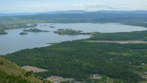 High angle view of lake against sky