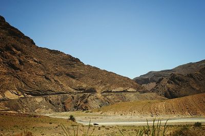 Scenic view of mountains against clear blue sky