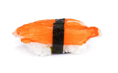 Close-up of sushi on white background