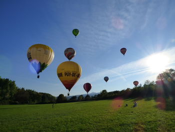 Hot air balloons flying over field