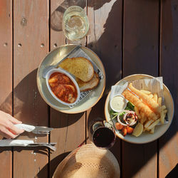 High angle view of meal served on table