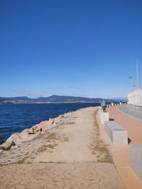 Scenic view of beach against clear blue sky