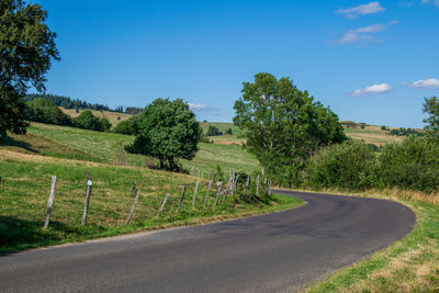 Road amidst trees on field against sky
