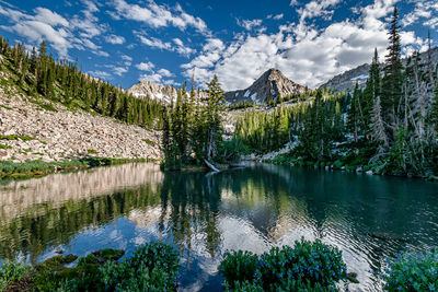 Scenic view of lake by mountains against sky