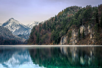 Scenic view of lake by trees against sky