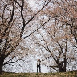 Woman standing on tree trunk