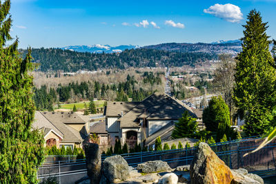 A landscape scene with building, tree and mountains in issaquah, washington.